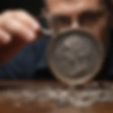 A collector examining a coin with a magnifying glass.