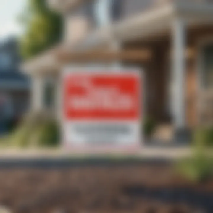 A close-up of a 'For Sale' sign in front of a property in a small town